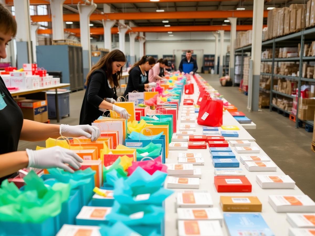 Team collating gift bags on a warehouse packing line