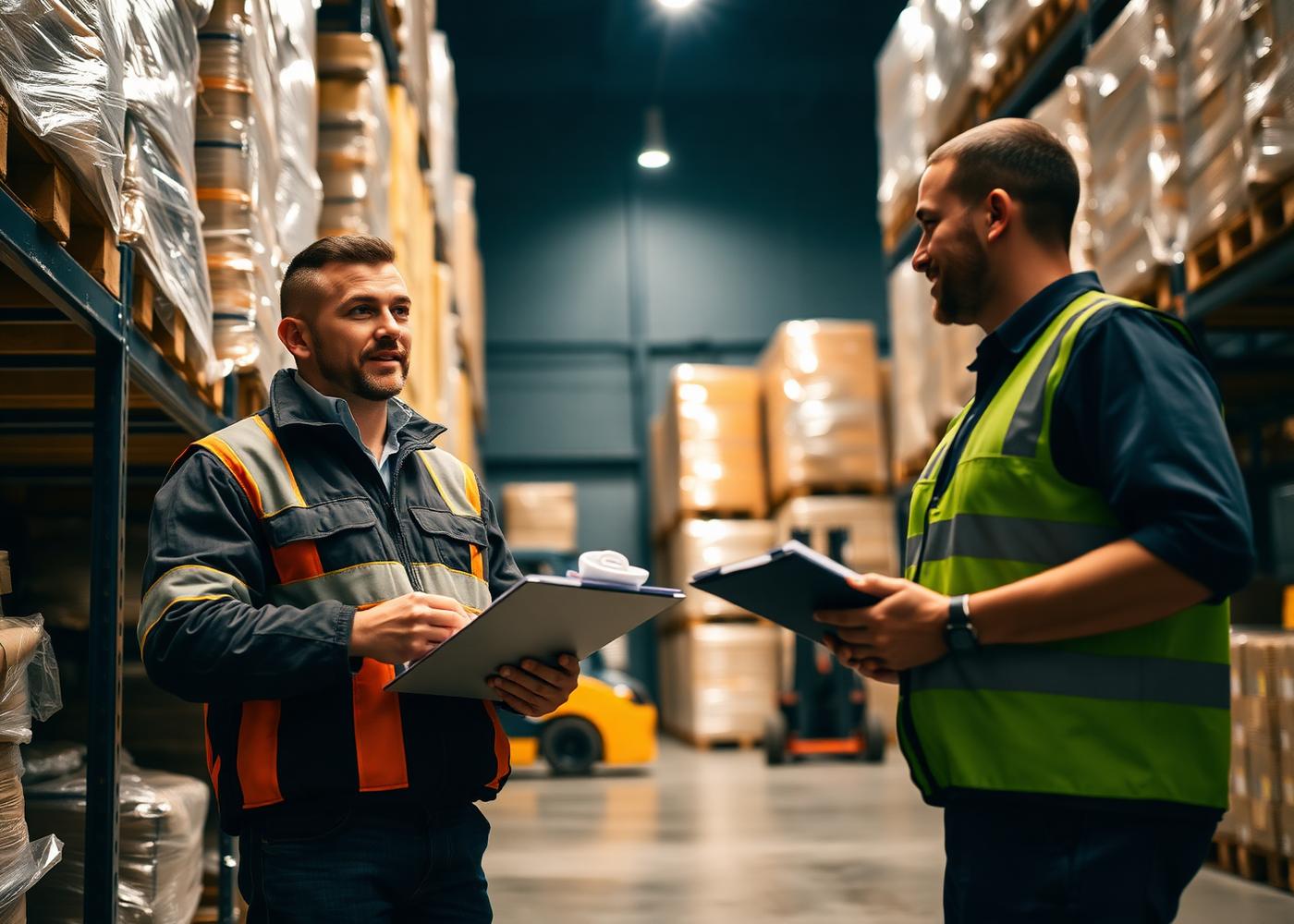 Warehouse operations managers reviewing a packing job beside pallet racking